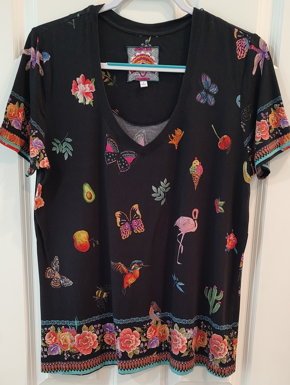 Johnny Was Black Floral & Butterfly Short Sleeve Tee